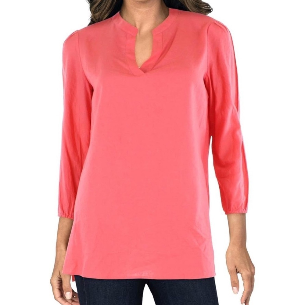 Anne Klein Womens Nehru Linen Blend Split Neck Tunic Top